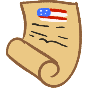 A yellow-tinted scroll, curled up at the bottom, with a simplified USA flag and squiggles on it.